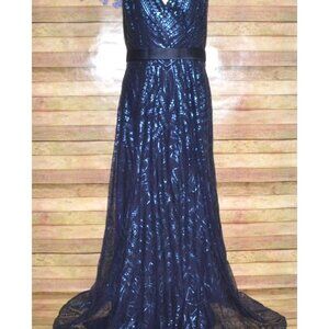 Angelina Faccenda Blue Sequin Sleeveless V-Neck Formal Gown Dress Size 16 Prom